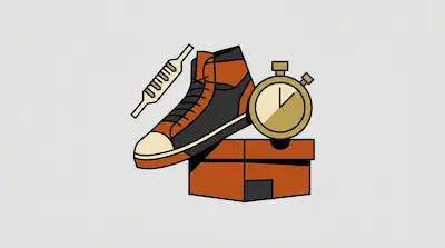 Flat illustration of an orange and black high-top sneaker, a stopwatch, and a shoebox on a light gray background