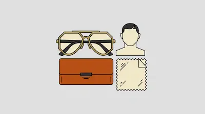 Flat illustration of gold aviator glasses, a brown leather case, a cleaning cloth, and a male bust icon on gray