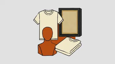 Flat illustration of a cream t-shirt, a screen printing frame, and a brown mannequin bust on a gray background