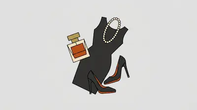 Flat illustration of a black dress, pearl necklace, high heels, and perfume bottle on a light gray background