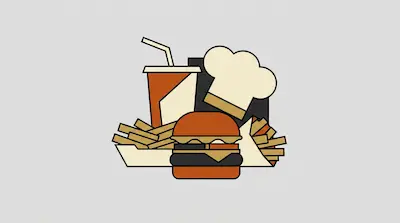 Flat illustration of a fast food meal featuring a burger, french fries, a soda cup, and a chef hat on a gray background