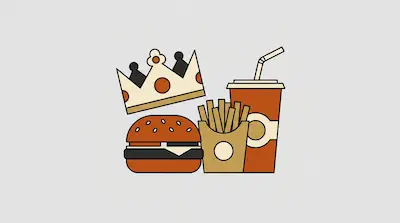Flat illustration of a burger, french fries, a soda cup with a straw, and a paper crown on a light gray background