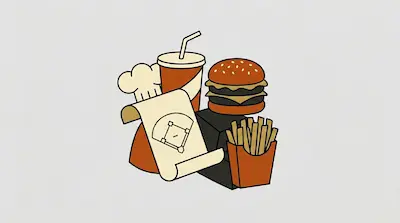 Flat illustration of a burger, fries, and a soda cup next to a chef hat and a baseball field diagram on a gray background