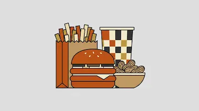 Flat illustration of a burger, a bag of fries, a checkered cup, and a bowl of peanuts on a light gray background