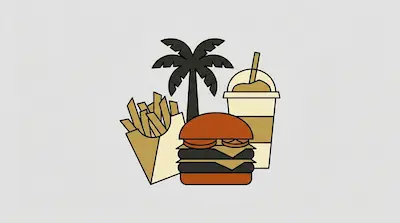 Flat illustration of a double cheeseburger, french fries, and a milkshake in front of a black palm tree silhouette