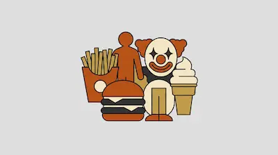 Flat illustration of a burger, french fries, and a clown face in a minimalist brown and cream color palette