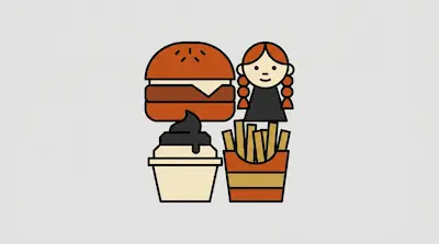 Flat illustration of a cheeseburger, french fries, a soft serve cup, and a small girl with red pigtails on grey background