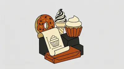 Flat illustration of a donut, soft serve ice cream, and a cupcake with a blueprint scroll on a grey background