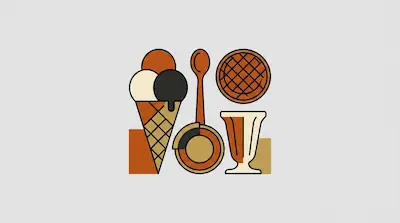 Flat illustration of an ice cream cone, a long spoon, and a sundae glass in orange and black on a grey background