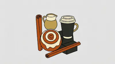 Flat illustration of a cinnamon roll, a black coffee cup, and cinnamon sticks against a plain light gray background
