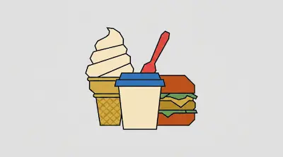 Flat illustration of a soft serve ice cream cone, a blue-lidded cup with a red spoon, and a burger on a grey background