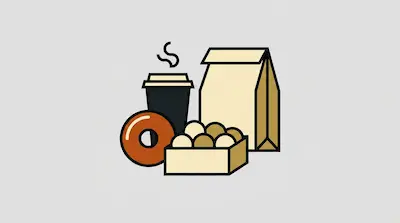 Flat illustration of a steaming coffee cup, a glazed donut, and a paper bag of pastries on a light gray background