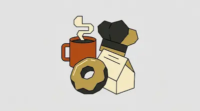 Flat illustration of a steaming orange coffee mug, a glazed donut, and a white pastry bag on a light gray background