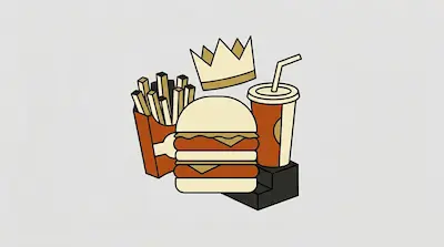 Flat illustration of a double cheeseburger, french fries, a soda cup, and a crown on a light gray background