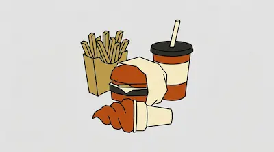 Flat illustration of a fast food meal including a burger, french fries, a soda cup, and a soft serve ice cream cone