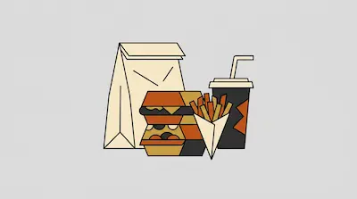 Flat illustration of a fast food meal including a paper bag, a burger box, french fries, and a soda cup with a straw