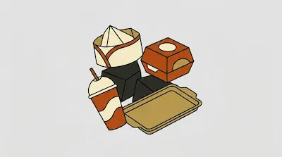 Flat illustration of fast food items including a soda cup with a straw, a burger box, and a tray on a grey background