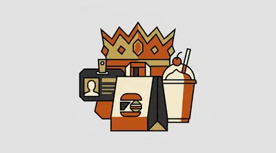 A crown, a takeout bag with a hamburger logo, an ID badge, and a milkshake topped with a cherry and a straw.