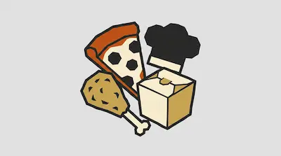 Flat illustration of a pizza slice, a fried chicken leg, and a takeout box with a chef hat on a gray background