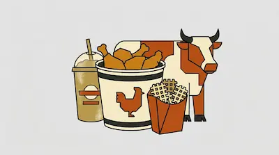 Flat illustration of a bucket of fried chicken, waffle fries, a soda cup, and a brown cow on a light gray background