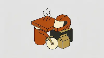 Flat illustration of a steaming pizza box, a motorcycle helmet, and a pizza cutter on a light gray background