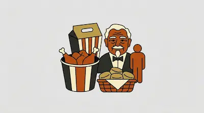Flat illustration of a man in a tuxedo next to a bucket of fried chicken and a basket of biscuits on a gray background