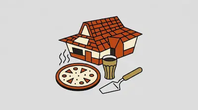 Flat illustration of a house with a red tiled roof, a steaming pizza, a glass of soda, and a server on a gray background
