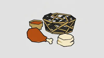 Flat illustration of a fried chicken leg, a small bowl of sauce, a biscuit, and a woven basket on a gray background
