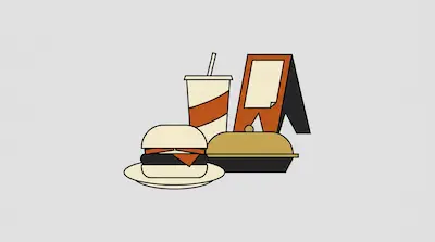 Flat illustration of a burger on a plate, a soda cup with a straw, and a menu stand on a light grey background