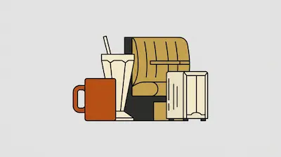 Flat illustration of a diner booth with a milkshake, a brown coffee mug, and a napkin dispenser on a gray background