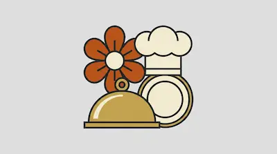 Flat illustration of a chef hat, a cloche, and an orange flower with thick black outlines on a light gray background