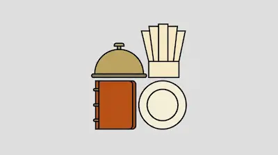 Flat illustration of a chef hat, a cloche, a menu, and a plate arranged in a grid on a light grey background
