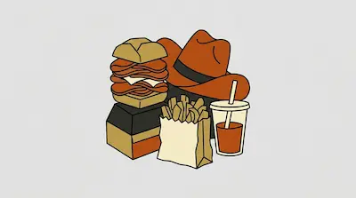 Flat illustration of a roast beef sandwich, french fries, a soda, and a cowboy hat on a light gray background