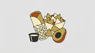 Flat illustration of a burrito, a bowl of tortilla chips, a half avocado, and a small dip cup on a gray background