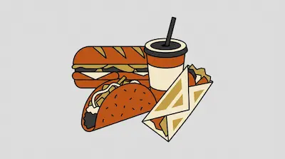 Flat illustration of a sub sandwich, a taco, a burrito, and a soda cup with a straw on a gray background