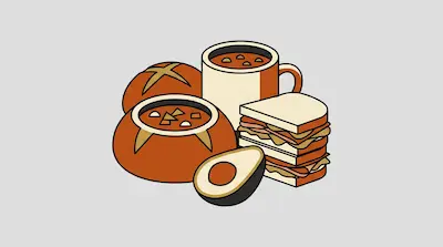 Flat illustration of a bread bowl with soup, a stacked sandwich, and a halved avocado on a light gray background