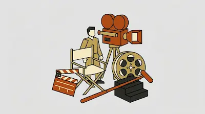 Flat illustration of a film set featuring a director, a vintage camera, a clapperboard, and a director chair