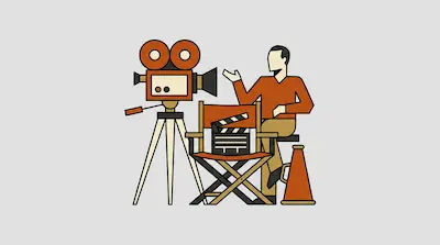 Flat illustration of a film director sitting by a vintage camera, a director chair, and a clapperboard on gray background