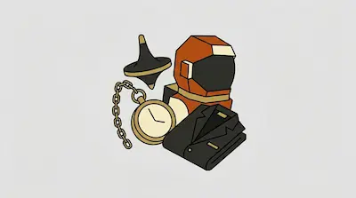 Flat illustration of a spinning top, a pocket watch, a suit jacket, and an orange astronaut helmet on a grey background