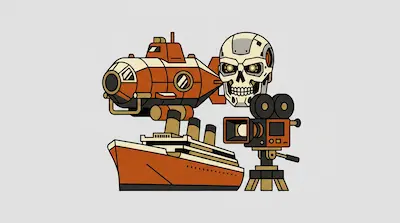 Flat illustration of an orange submarine, a cruise ship, a robotic skull, and a vintage film camera on a tripod