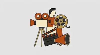 Flat illustration of a filmmaker with a vintage camera, film reel, clapperboard, and megaphone on a gray background