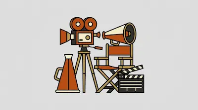 Flat illustration of a vintage film camera on a tripod, a director chair, and a clapperboard on a gray background