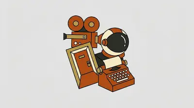 Flat illustration of an orange typewriter, a vintage film camera, and an astronaut helmet on a light gray background