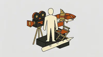 Flat illustration of a human figure surrounded by a vintage film camera, a director chair, and a mechanical shark