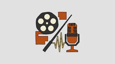 Flat illustration of a film reel, a vintage microphone, and a sound wave graphic on a light gray background