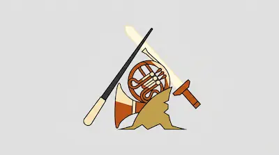 Flat illustration of a French horn, a sword, and a conductor's baton arranged in a triangle on a gray background