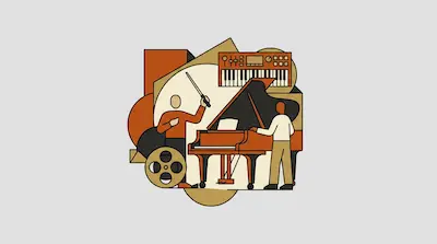 Flat illustration of a conductor and pianist with a grand piano, synthesizer, and film reel in warm earth tones