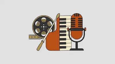 Flat illustration of a film reel, a piano keyboard, and a vintage microphone in warm tones on a light gray background