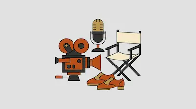 Flat illustration of a vintage movie camera, a director chair, a microphone, and brown shoes on a gray background