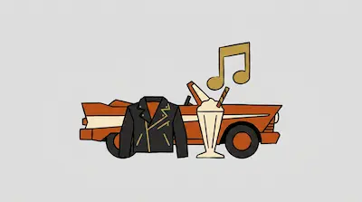 Flat illustration of a vintage orange car, a black leather jacket, a milkshake, and a gold music note on a gray background